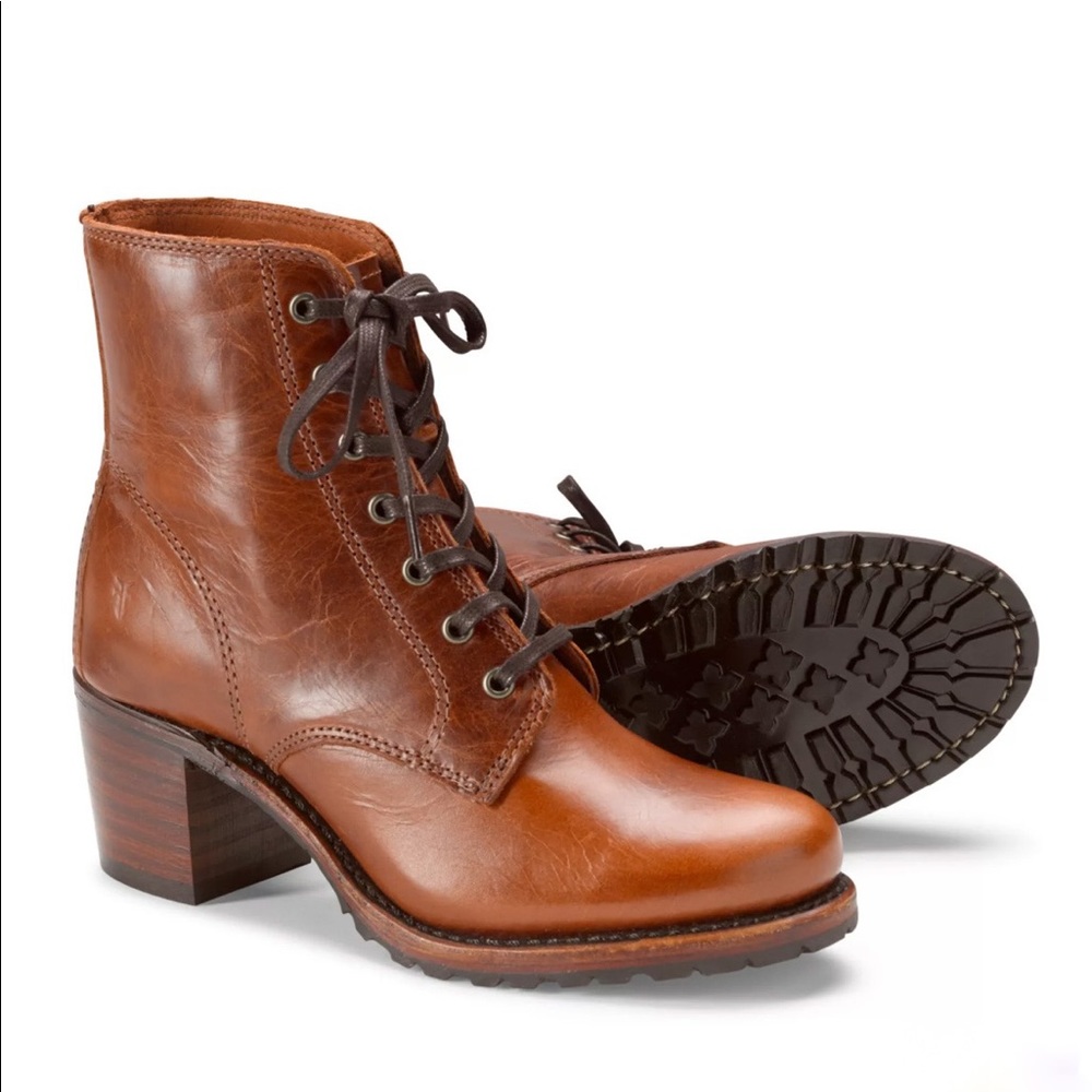 Frye Sabrina Lace Up Boots - Cognac - Size 7 - Brand New - Vibram Soles